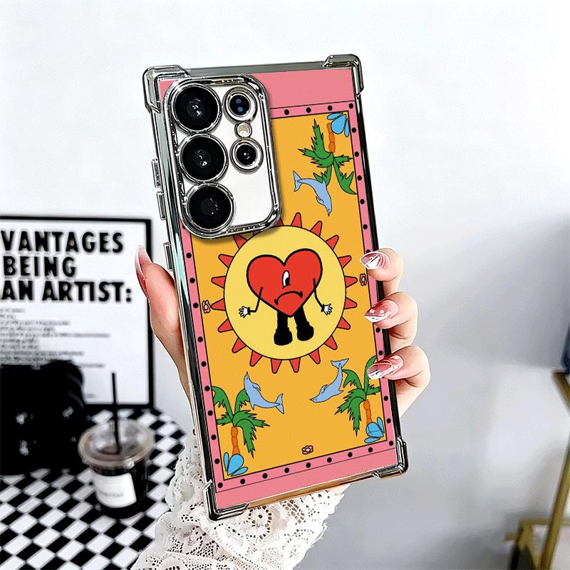 Bad Bunny Heart Plating Phone Case For Samsung Galaxy S24 S25 FE S26 Edge S23 Ultra S22 S21 Plus S20 Anti-Fall Airabag Cover