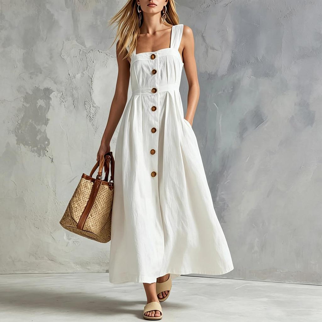 Women's Casual Sleeveless Dress with Thin Straps Button Front Long Dress with Pockets Lightweight Summer Maxi Dress