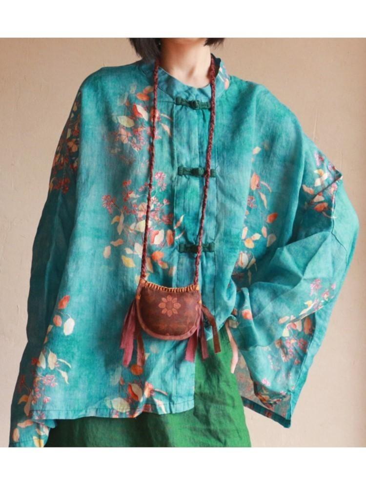 Chinese Style Vintage Print Green Blouse Women Long Sleeve Button Shirt Tops Spring Stand Collar Johnature