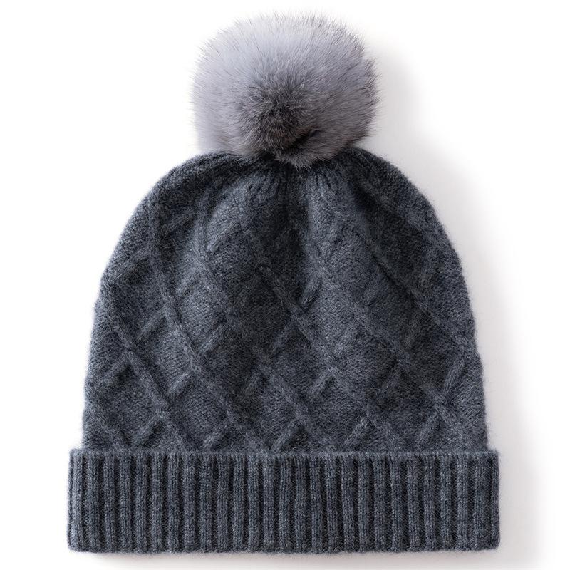 Autumn and winter new women's cashmere cycling cap headband hat rhombus grid knitted hat big hairball design soft and warm