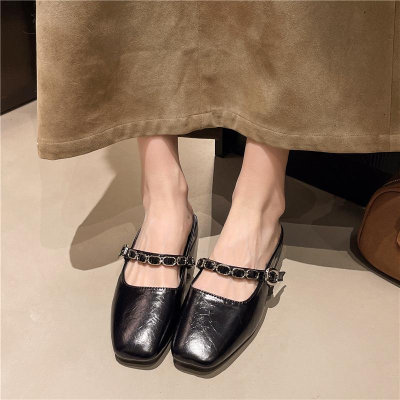 2025 spring and summer fashion chain thick heel single shoes low heel chain with skirt retro half slippers women's new outer wear