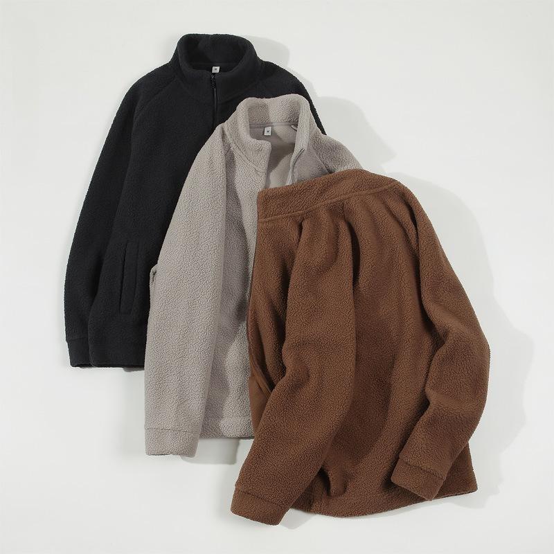 2026 Autumn And Winter New Polar Fleece Jacket Plus Velvet Thickened Solid Color Stand-up Collar Sweater Cardigan Jacket For Men