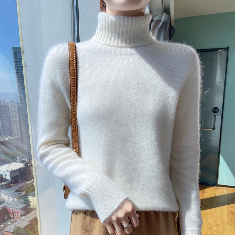 Women's Heavyweight Pure Wool High Neck Sweater - Long Sleeve Cashmere Knit, Perfect for Autumn and Winter