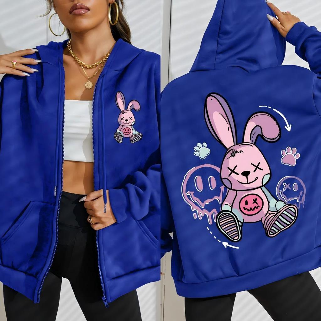 Cute Tags Cartoon Footprints Rabbit Print Women Zipper Hoody Hoodies Autumn Casual Zip-Up Clothes Pocket Hoodie