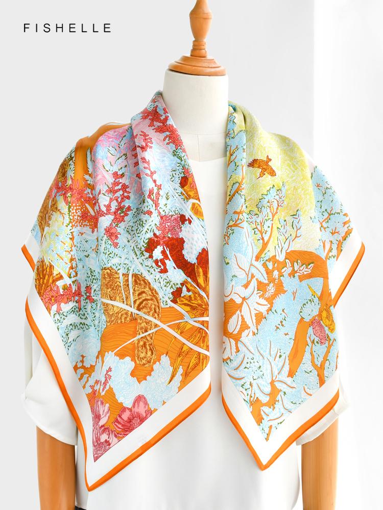 Orange Forest 100% Silk Scarf Shawl Glossy Wrap Bandana Hijab Women Square Scarves Headband Luxurious Gifts 90CM Kerchief