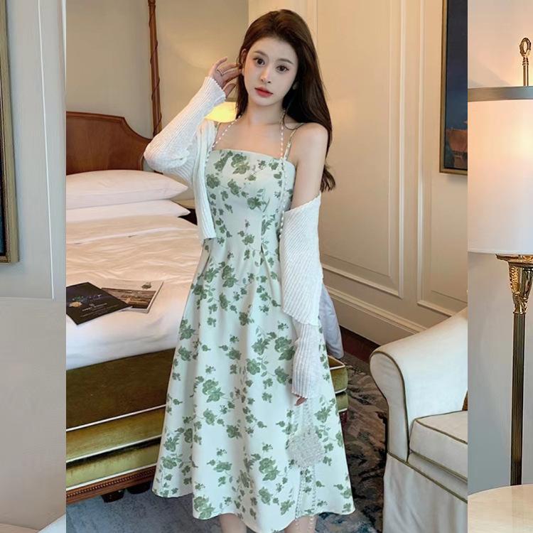 Seaside Vacation Pearl Neck Suspender Skirt French Retro Floral Medium and Long Dress Women's Summer Niche Design Sense