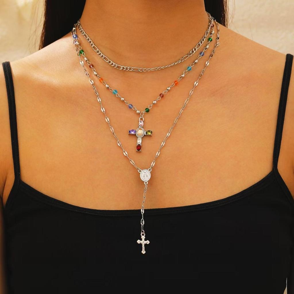Creative Fashion Sense Colorful Double Layer Cross Pendant Collarbone Chain Y Shaped Tassel Necklace
