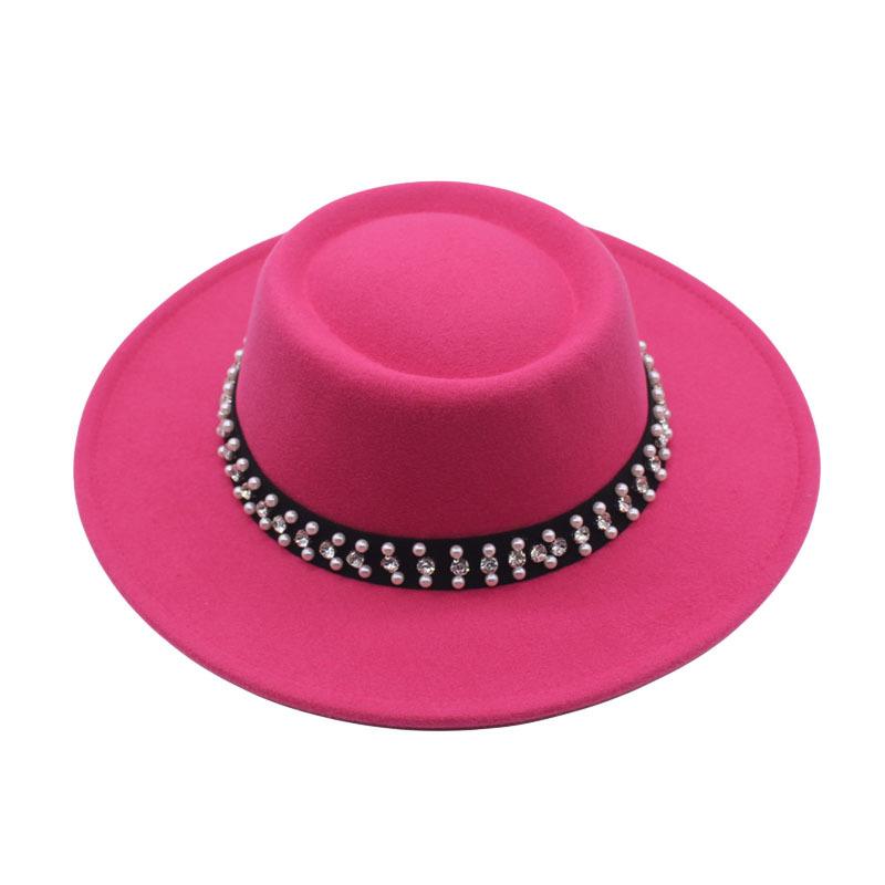 European and American New Autumn and Winter Wool Woolen Big-brimmed Jazz Hat Female Concave Top Black Top Hat Pearl Rhinestone Felt Hat