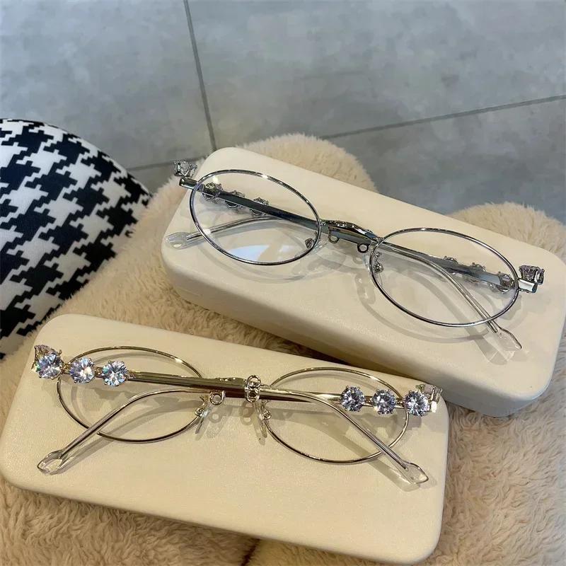 Women's Punk Retro Silver Anti Blue Light Eyewear Rhinestone Stainless Steel Oval Frame Glasses Girl Reading Seaside Spectacles