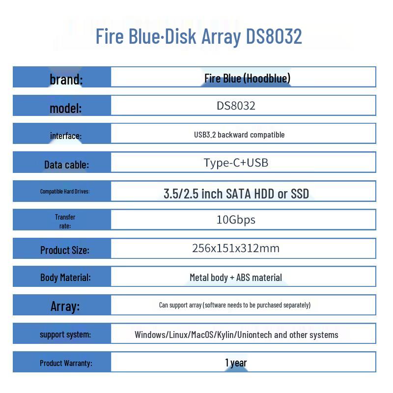 Hoodblue DS8032 8-Bay RAID Enclosure USB3.2 Direct-Attached Storage