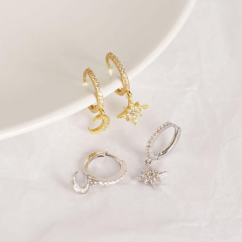 Asymmetrical Star Moon Earrings Women Sterling Studs Fashion Trendy Ear Cuffs