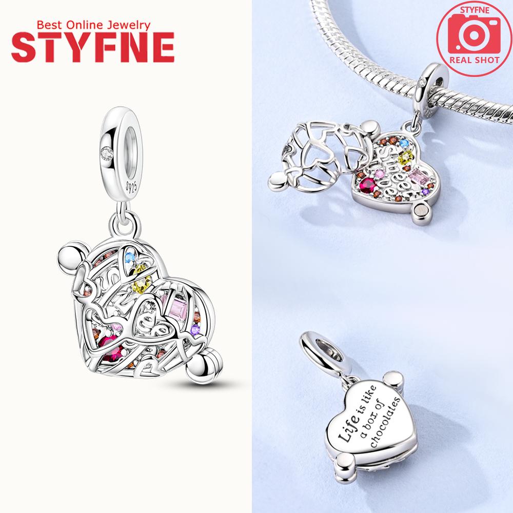 Silver 925 Colored Zircon Heart-shaped Pendant Beads Charm Fit Bracelet Jewelry Making Fine Gift for Women