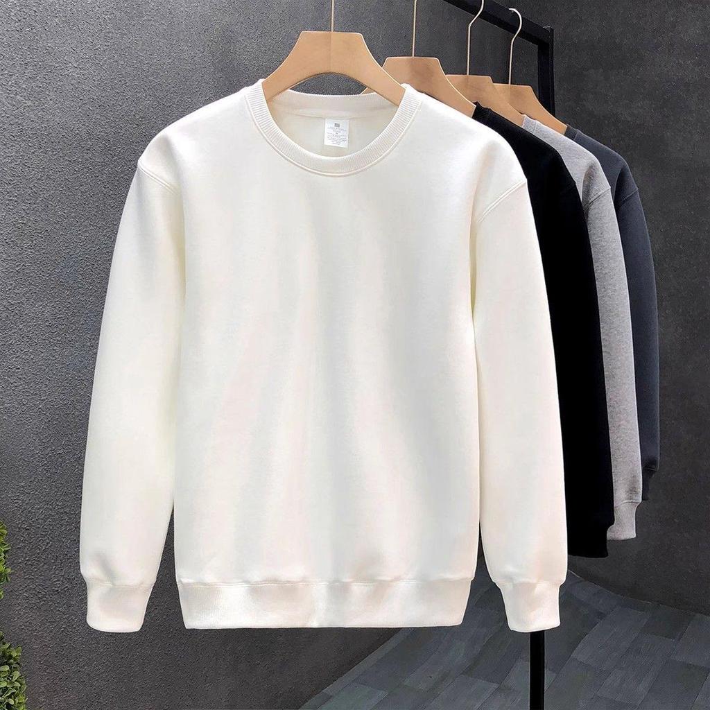 Men's Winter Fleece-Lined White Sweatshirt: Simple Solid Color, Round Neck, Long Sleeve, No Hood, Perfect for Spring and Autumn.