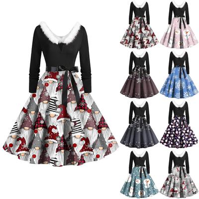 Vestido feminino vintage de manga comprida estampa de natal anos 1950 dona de casa festa à noite baile