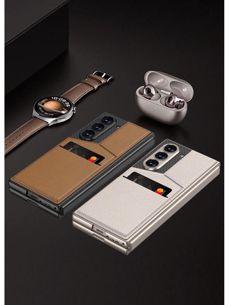 Samsung Z Fold 6 Card Holder Stand Case - Premium Leather with Film Integrated Protection
