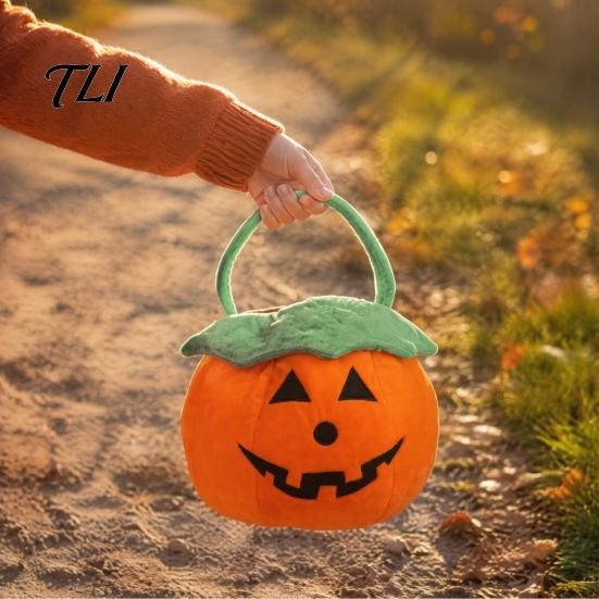 Soft Plush Halloween Tote Pumpkin Bucket, Cute Trick-or-Treat Bag, for Kids Candy Basket with Handle Girls Boys Party Favors Festive Gift Bag Children