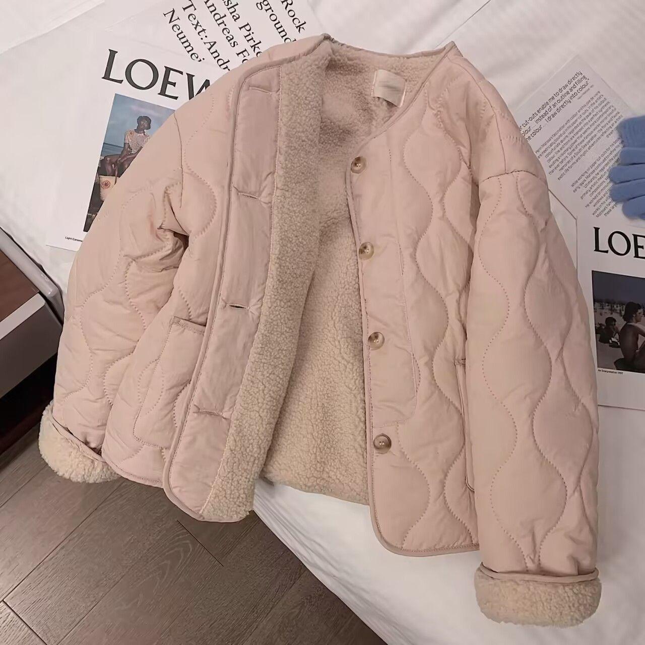 

Women s Pink Korean Style Lambswool Cotton-Padded Coat, 2025 Winter, Round Neck Jacket S (suggested 85-100 catty) рожевий