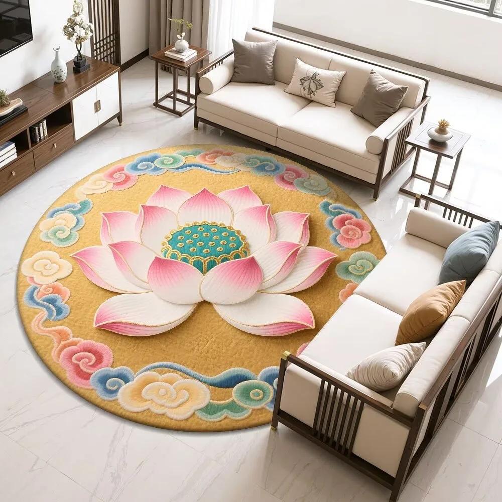 Lotus-Round Rug – Easy-Clean Meditation  Living Room Decor Rug with Chinese Floral Motif