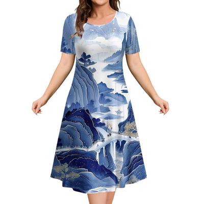 Marble Landscape Printed Women's Clothing Summer Short Sleeve Elegant Party Dresses Round Neck Short Sleeve Blue Premium Dress