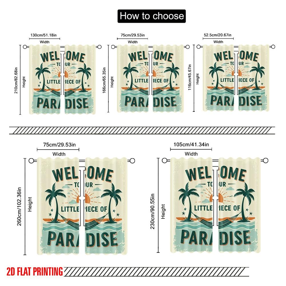2 Stück 2D Flachdruck Fenstervorhänge Willkommen Kleines Stück Paradies Polyestergewebe Ohne Strom Festliche Feiertage für Zuhause