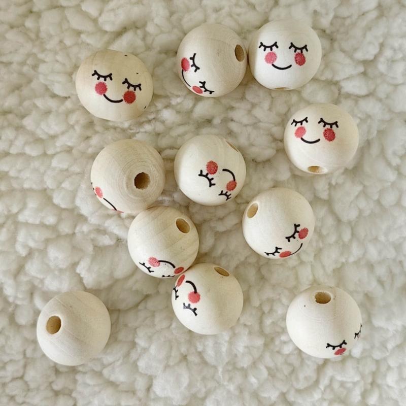 100pcs Wood Balls with Hole 20mm Smiling Face Head Ball Natural Wood Craft Bead for DIY Jewelry Making Macrames Handmade