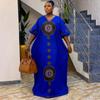 European and American women's clothing summer new fashion casual V-neck printing solid color loose skirt color matching dress
