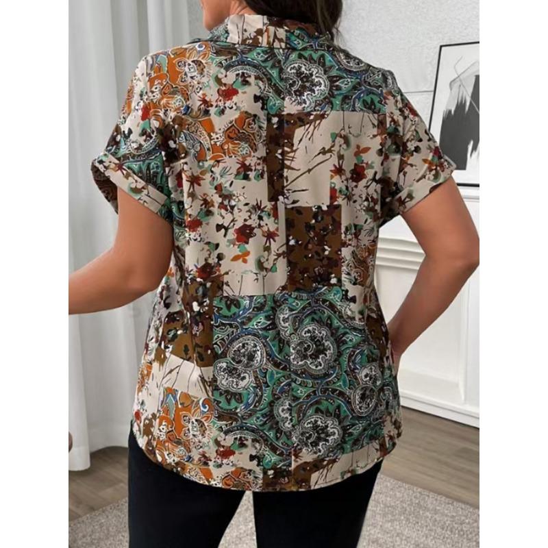 Plus Size Women's Summer New Fashion Painted Floral Print V Neck Short Sleeved Top