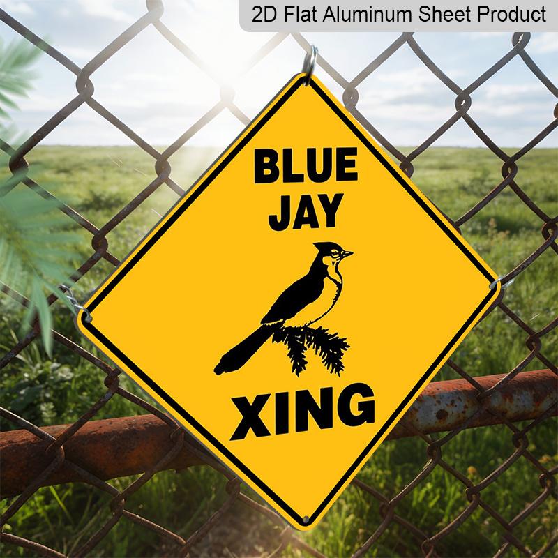 2D Flat 1pc, Funny Blue Jay Xing Crossing Sign - Metal Warning Plaque with Lettering & Bird Graphic, Yellow/Black Durable Iron Indoor/Outdoor
