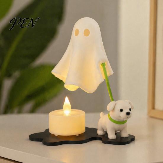 Anthropomorphic Ghost Pet Statue Walking Dog Night Light, 3D Printed LED Warm Lamp, Cute Creative Halloween Gift for Kids Puppy with Candle,