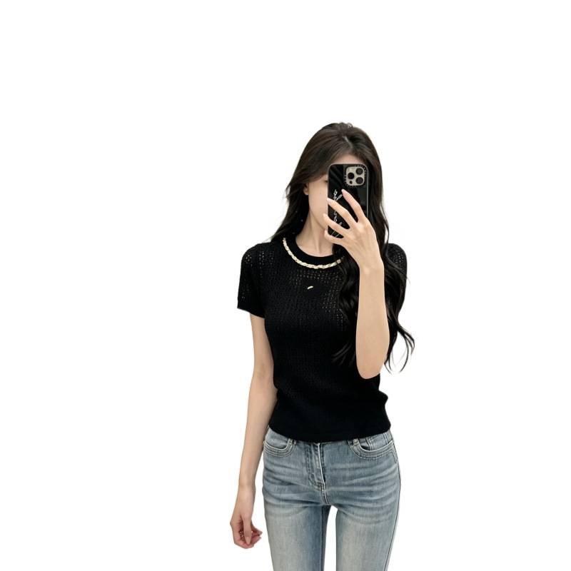 Fragrant Bow Jacquard Knit Hollow Short Sleeve Top