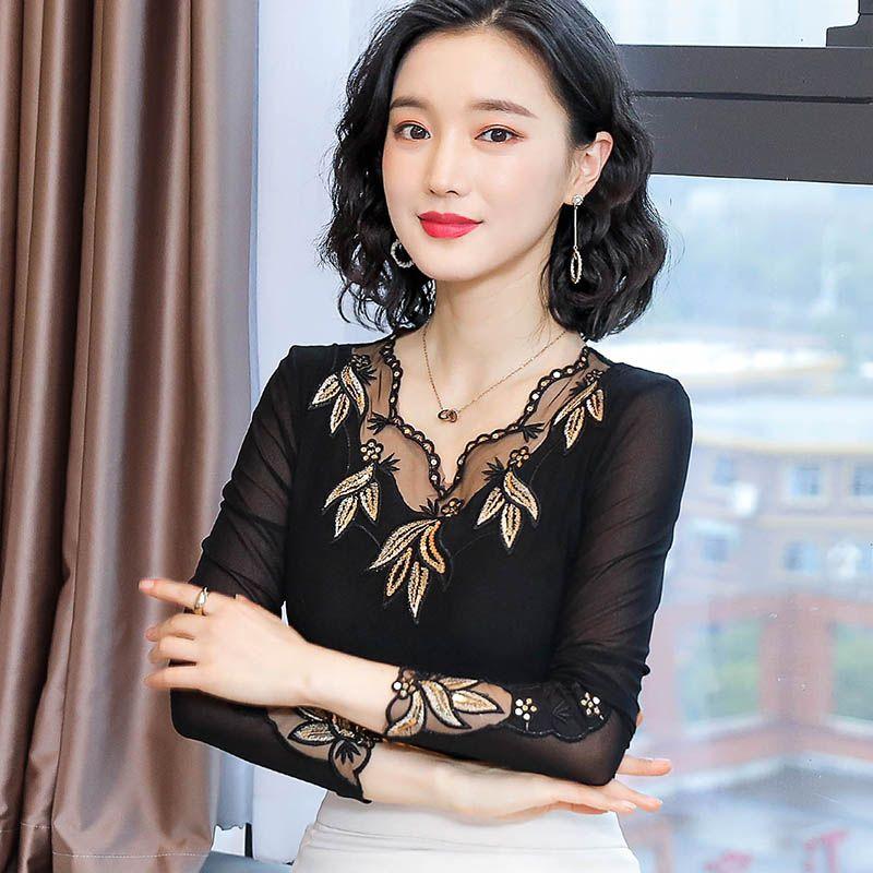 Elegant Lace Long Sleeve Top Women Spring Autumn Slim Fit Sheer Mesh Blouse Fashion Inner Wear