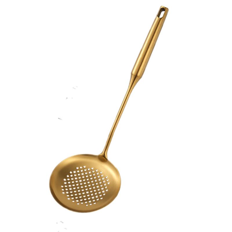 Golden Stainless Steel Long Handle Soup Rice Spoon Colander Spatula Thicken Durable Kitchen Cooking Utensils