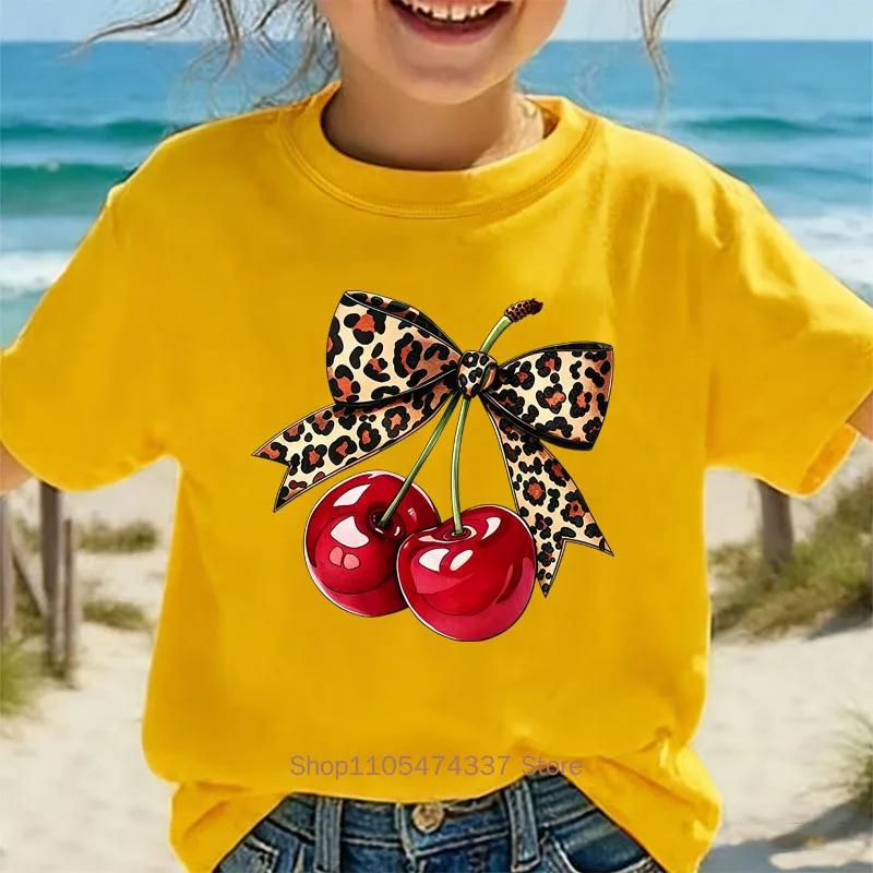 Leopard Print Cherry Print Kids Tshirt Summer Girls Casual Cute Comfortable Colorful Tops Children Oneck Short Sleeve Tees