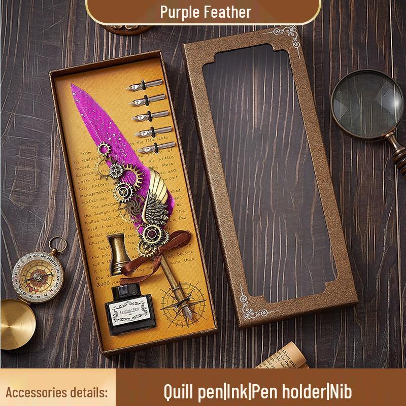 

European Steampunk Quill and Ink Set with Wax Seal - Retro Fountain Pen Gift Box for Birthdays