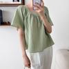 New Arrivals Open Run Women Square Neck Check Loose Fit Short Sleeve Blouse