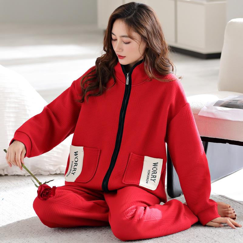 

Couple Pajamas Women S Thickened Pure Cotton Long-Sleeved Air Cotton Interlayer Autumn And Winter Loungewear Men S Padded Warm Suit 3XL