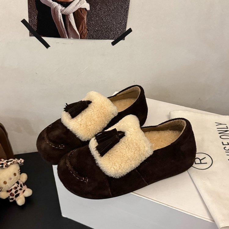 Koreanische Version Herbst und Winter neue Schleife Lammwollschuhe Damen tragen Samt flache Slipper vielseitige Doudou-Schuhe