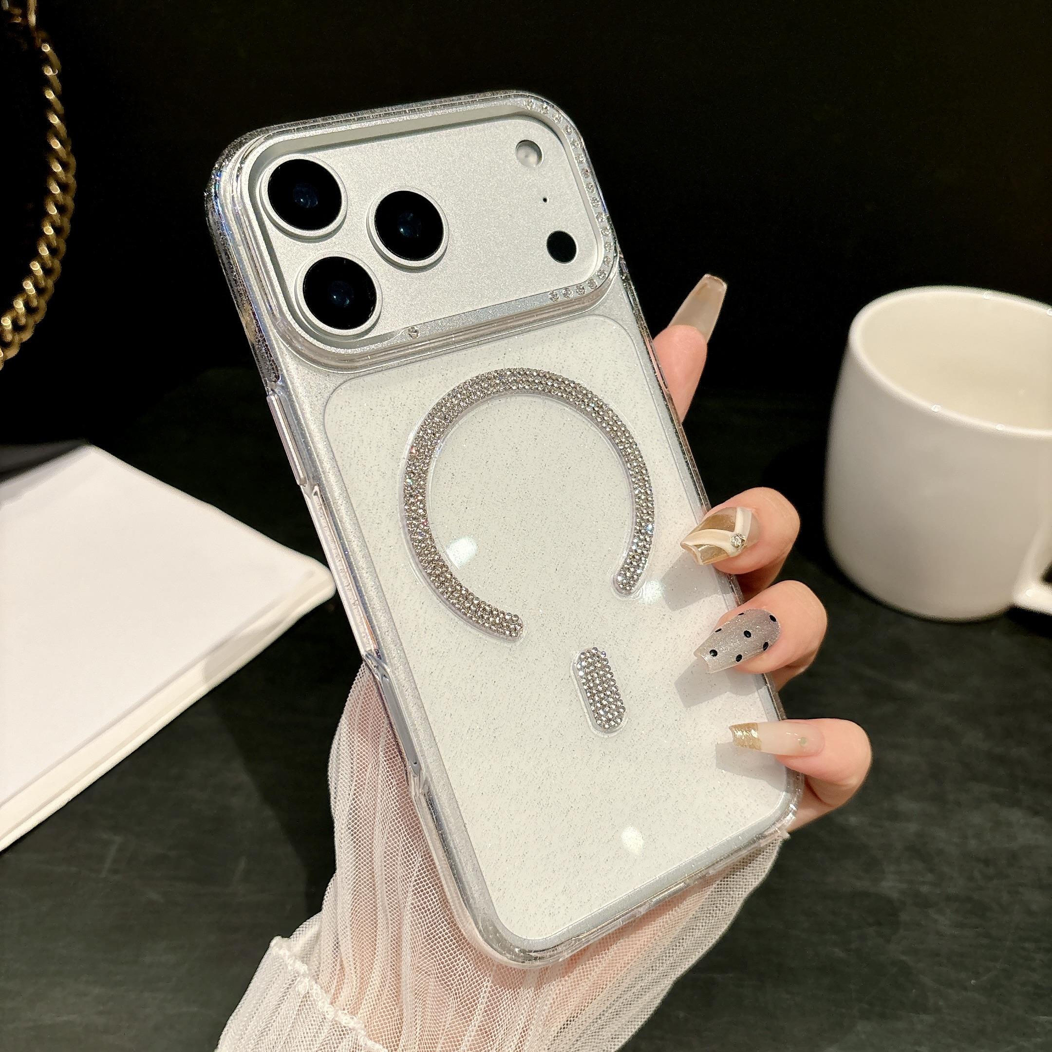 

Роскошный чехол с бриллиантовым блеском для Magsafe для iPhone 17 Pro Max Plus Air Прозрачный ТПУ Мягкий Беспроводная зарядка Ударопрочный Для iphone 15 16 Plus Чехол iPhone17 Pro Max белый