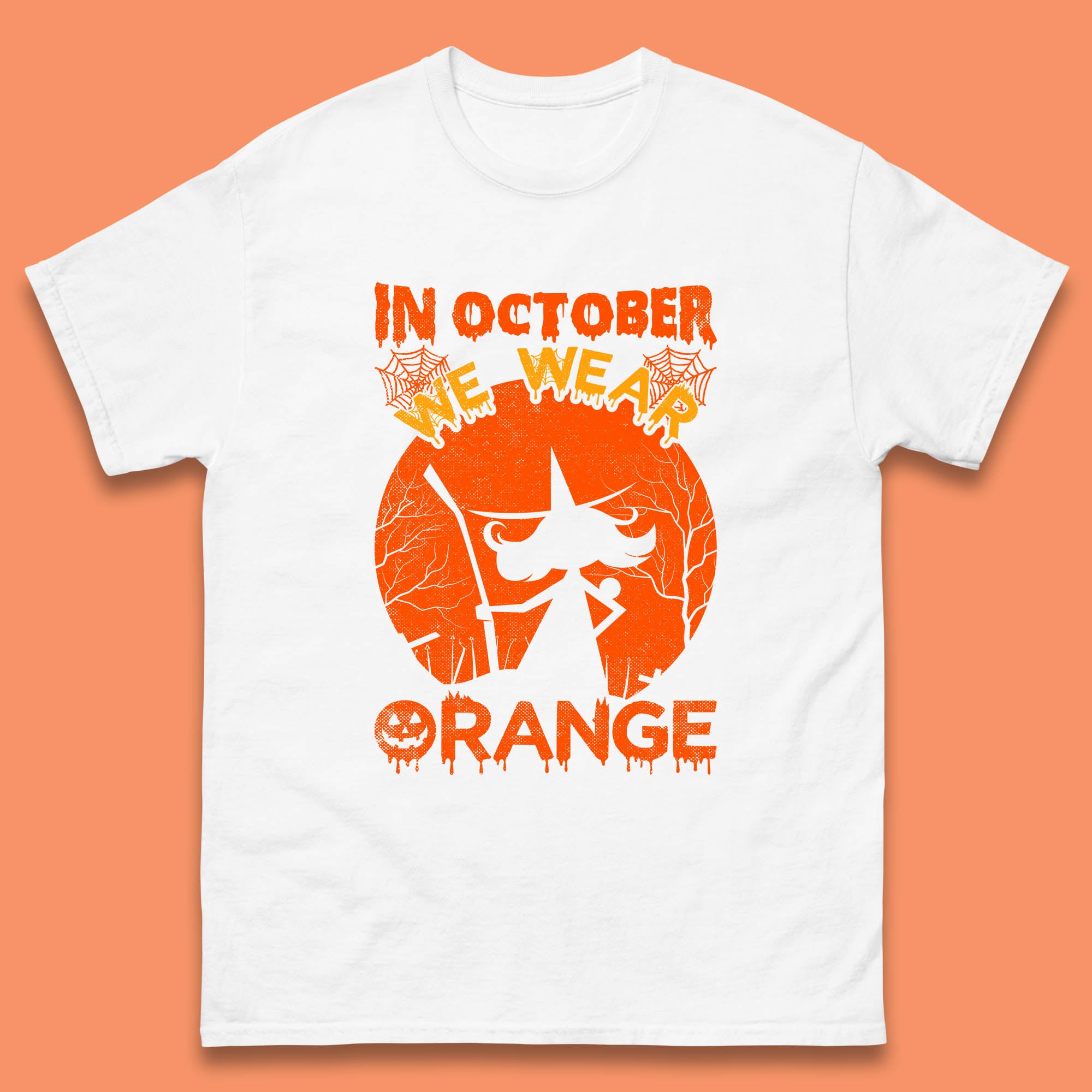 In October We Wear Orange Funny Quote Scary Witch With Broom Halloween Costume October Festive Mens Tee Top 4XL