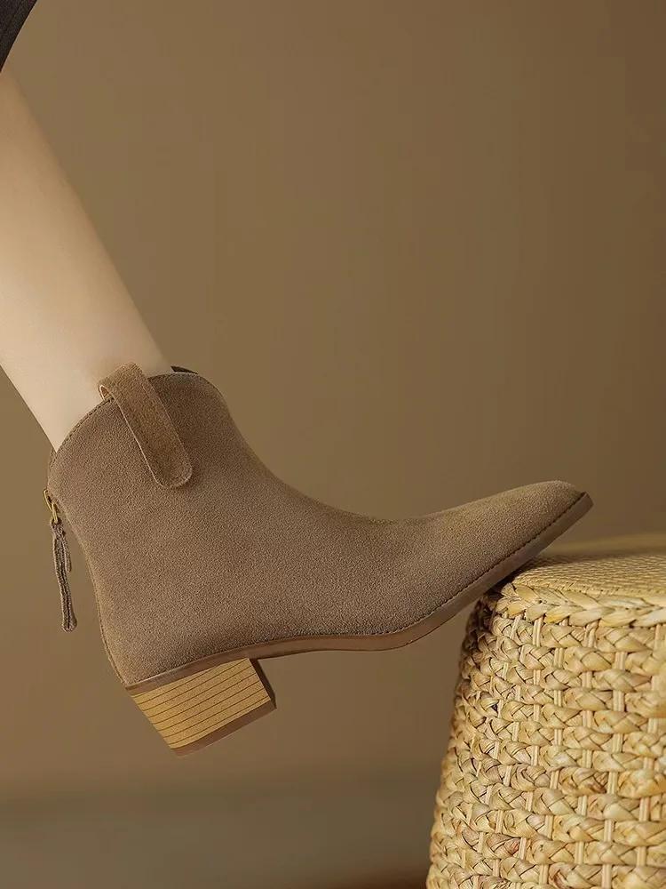 

Зимние классические ботинки челси для женщины, из коровьей замши, с острым носком, на танкетке, ботильоны до щиколотки, простые, удобные, ковбойские ботинки, женские 39