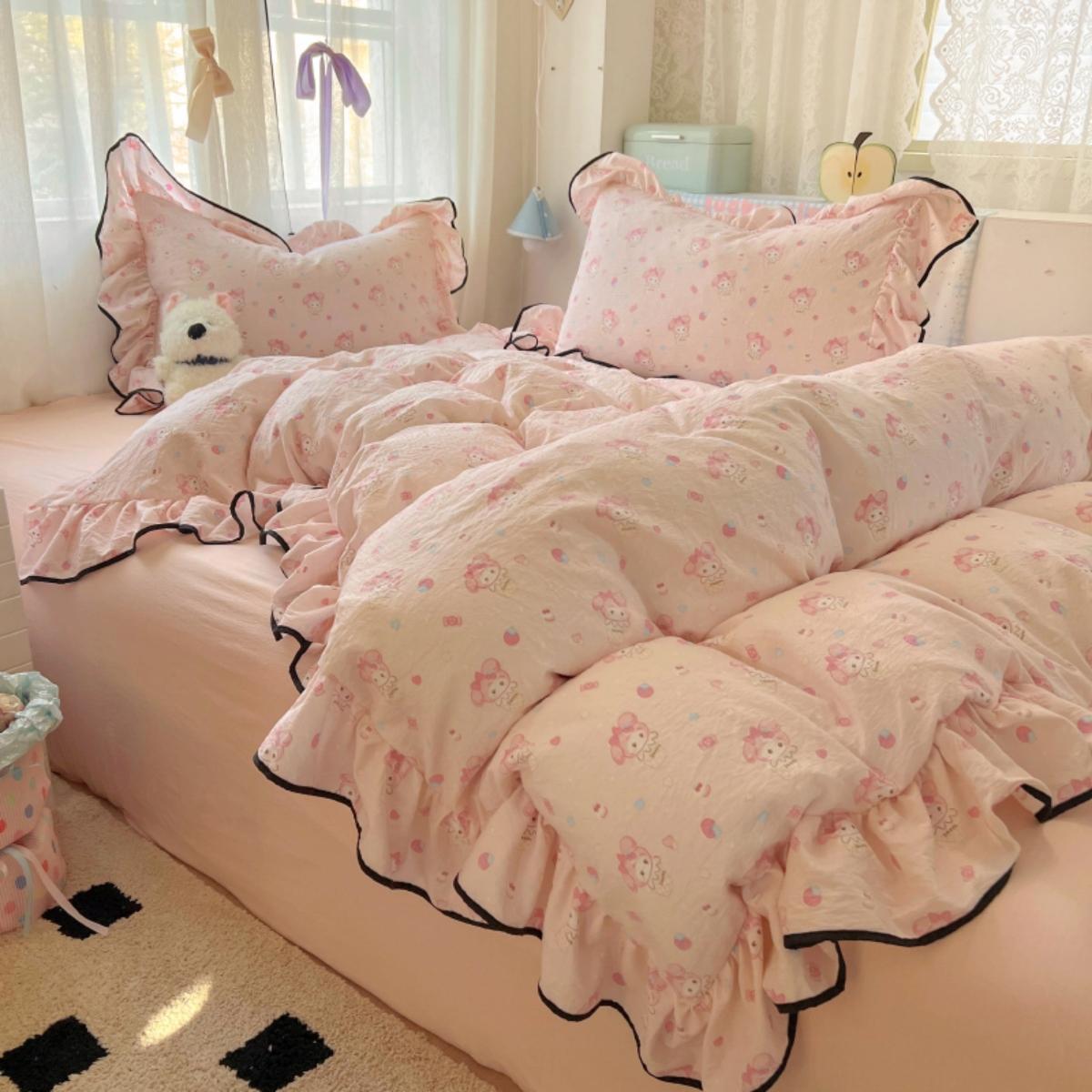 3-delige dekbedovertrekset in Koreaanse stijl (1*Dekbedovertrek + 2*Kussensloop, Zonder Vulling),Prinsessenkant Beddengoedset, Zacht Comfortabel 135x200cm 3pcs