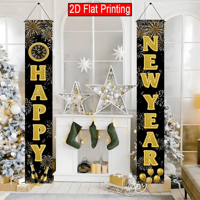 2pcs Christmas & New Year Firework Door Couplet Black Golden 12x70.8in