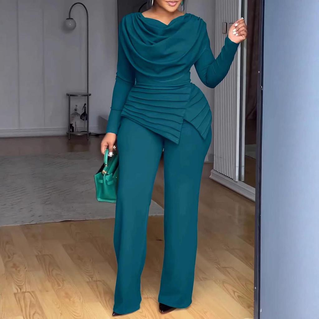 Spring Bestseller Women's Fashion Pleated Waist Long Sleeve Jumpsuit Set