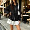 Women's Long Sleeve Color Hooded Loose Fit Zip-Up Jacket
