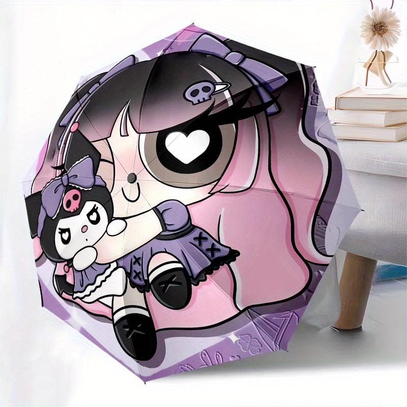 Kuromi Automatic Folding Umbrella-Simple 8-Rib Design, Bright Cartoon Pattern, Durable Iron Frame, Suitable For Travel, Outdoor, Beach-Cute