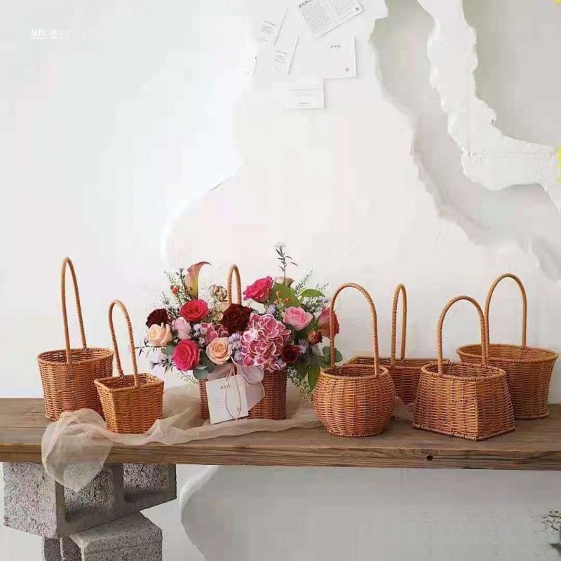 Pastoral-Style Handwoven Rattan Flower Basket - Small Decorative Green Plant Basket