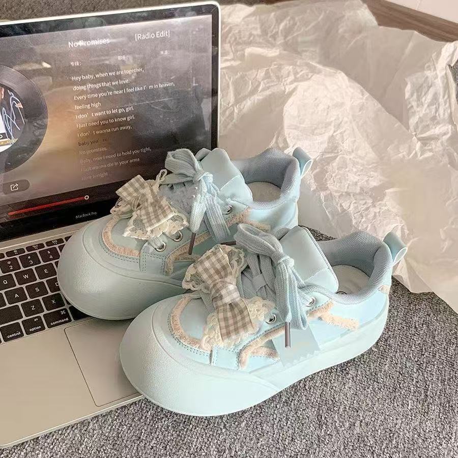 

Нестандартные кеды женские 2025 новая универсальная обувь платформа белые туфли нишевые хлебные туфли с бантом кэжуал 40 синий