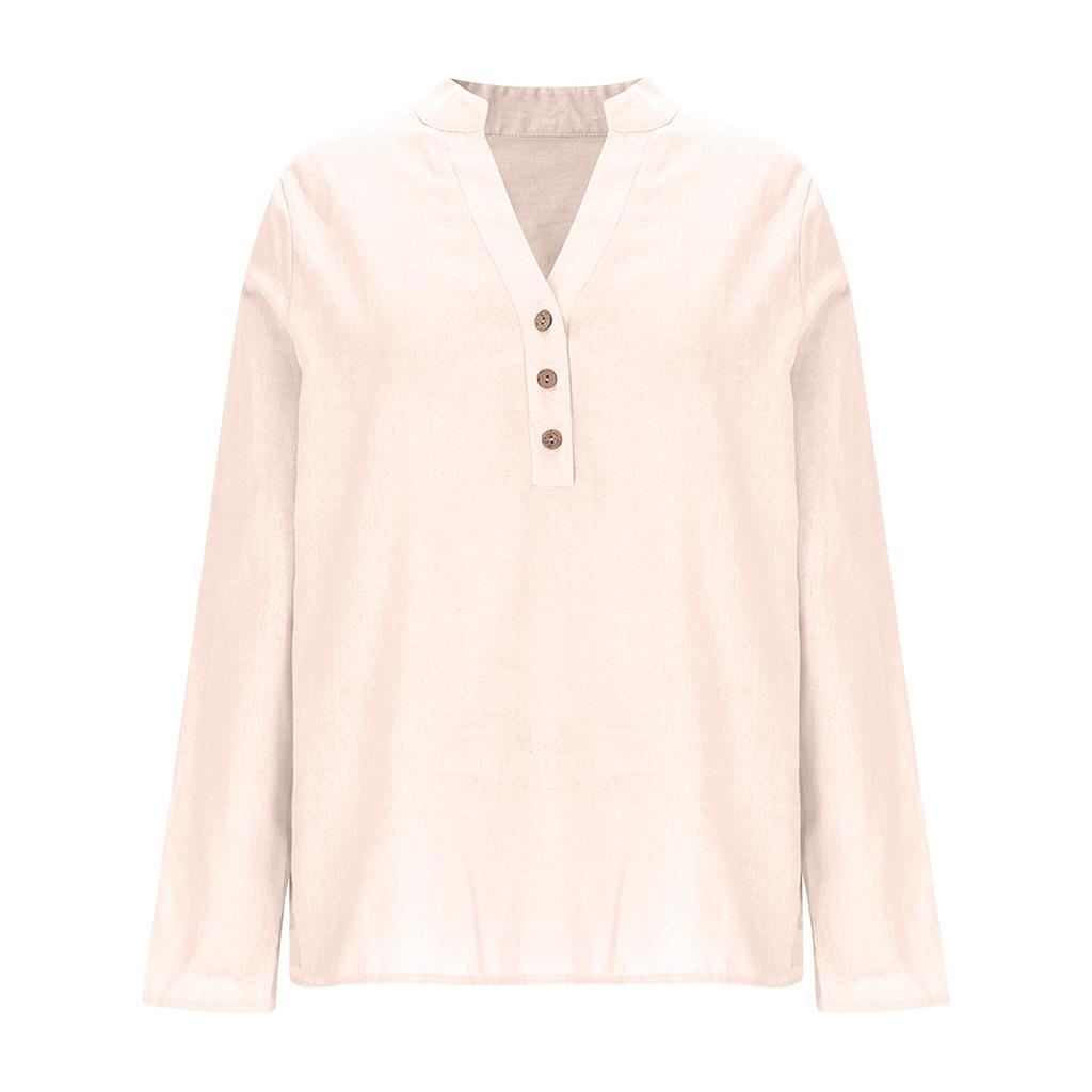 Women's Fashionable Solid Color V Neck Button Long Sleeved Casual Shirt Top