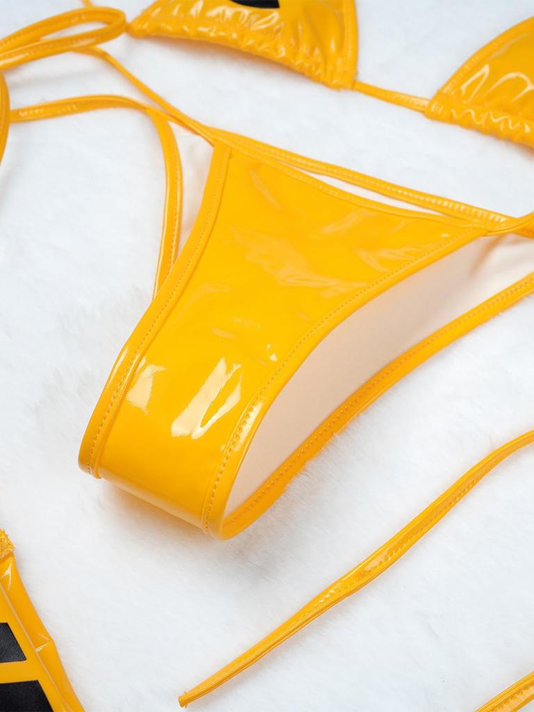 SENMHS Women's Yellow Leather-Look Cyberpunk Bikini, 3-Piece Set, Sexy Strappy Design, Bondage-Style Mini Top, Underwear, Cosplay, Photoshoots, Partie