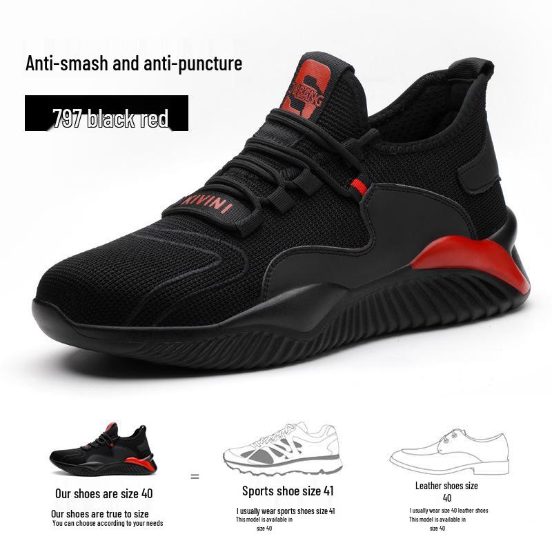 Lightweight Fly-Knit Safety Shoes: Steel Toe, Anti-Smash, Anti-Puncture—Perfect for Standing Comfortably All Day.